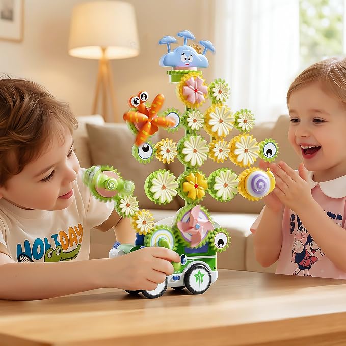4 in 1 STEM Gear Toys for Kids Ages 3+, Educational Building Blocks, 61Pcs | Flower Construction Kits, Musical Electric Train Sets, Toddler Learning Toys with Light, Boys and Girls Gifts