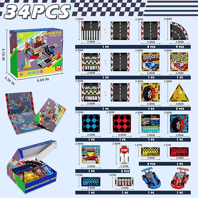 Magnetic Tiles Road Set, Rail Race Track with 2 Racer Cars, Magnetic Car Racing for Kids Ages 3 4 5 6 7 8, Magnet Building Blocks STEM Toy Birthday Gifts for 3＋ Years Old Boys Girls