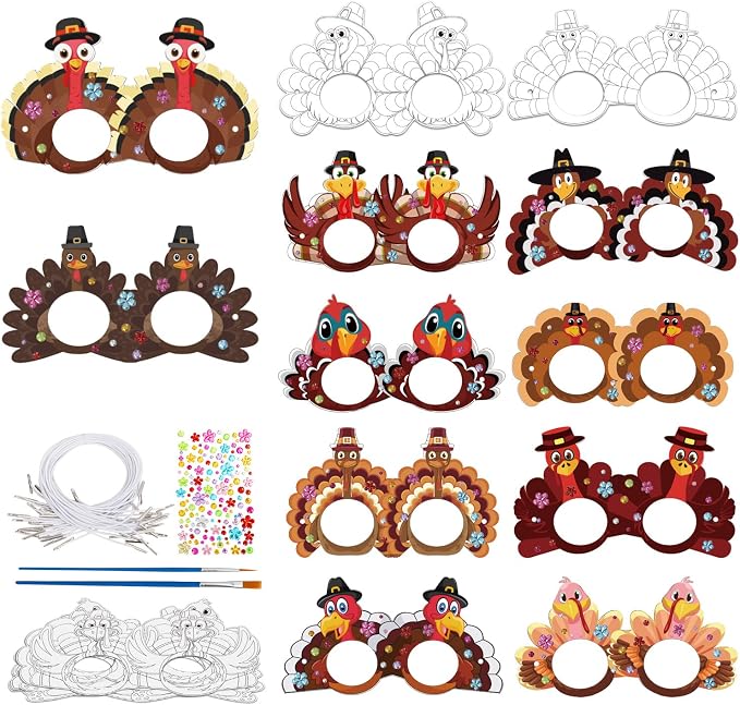 24 Pcs Thanksgiving Turkey Craft for Kids DIY Coloring Turkey Mask | Color Your Own Art and Crafts for Kids Birthday Cosplay Classroom Activities Masquerade Dress-Up Party Favors Game Supply