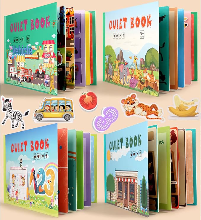 4 Pack DIY Busy Book for Toddlers, Montessori Quiet Book with Animal, Vehicle, Number, Fruit Preschool Learning Activities & Education Toys