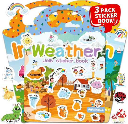 3 Sets Reusable Sticker Book for Toddlers 3-6, Jelly Sticker Books for Toddler, Travel Sticker Activity Toys for Kids 3 4 5 6 Years Old Girls & Boys（Weather + Insect + Beach）