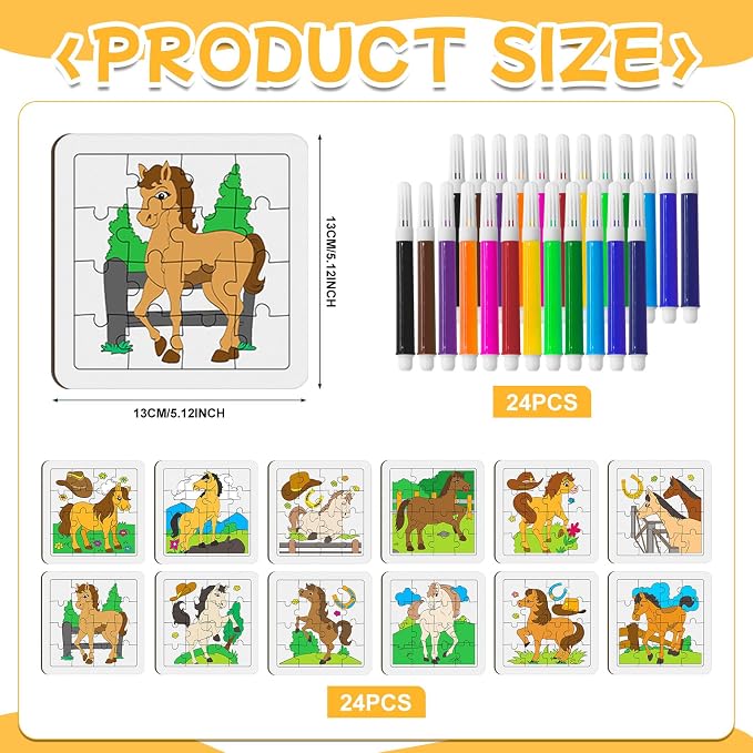 Cinrobiye 24 Pcs Horse Coloring Jigsaw Craft Kit for Kids, DIY Farm Pony Activity Set Bulk with 12 Designs, Rodeo Birthday Party Favors, Classroom Art Projects, Western Theme Supplies