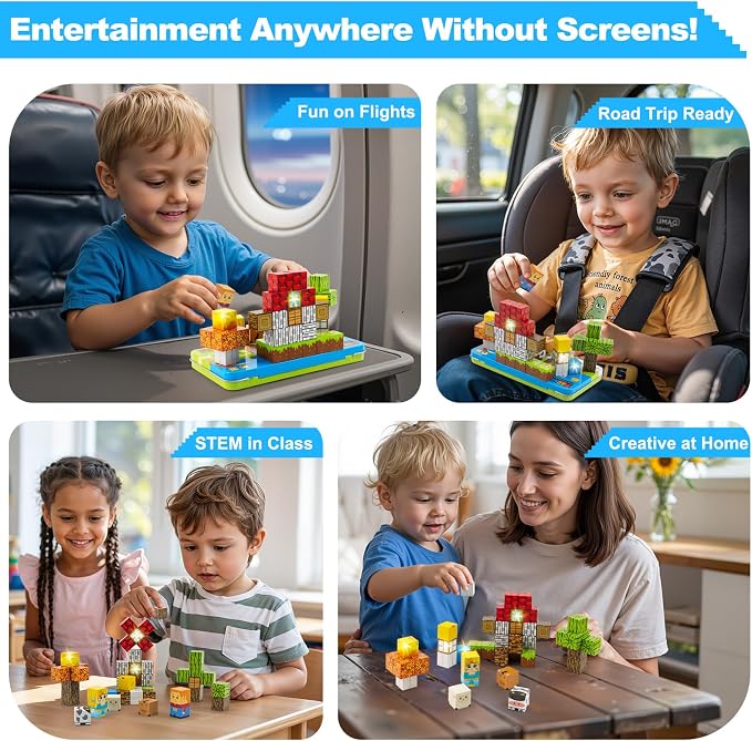 Magnetic Blocks 45 PCS Mini Travel Building Blocks with Iron Case Farm | Travel Toy for Airplane Plane Car Road Trip, STEM Learning Portable Building Toys Boys & Girl, Gift for Toddler Kids Ages 3-5