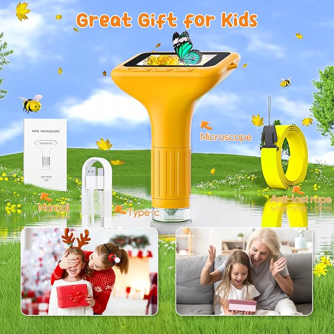 SKYBASIC Digital Microscope for Kids, 3" Screen 1000X Handheld Microscope HD Pocket Portable Microscopes Camera, Science Edu Fun Birthday Gifts Toys for Ages 4-12 Children Students Boys Girls -Yellow