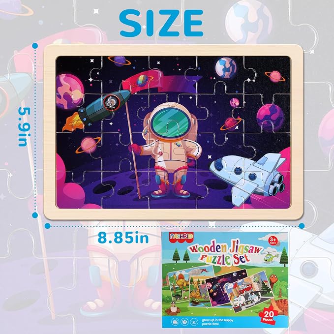 Wooden Puzzles Toys for Kids Ages 3-5, Set of 4 Packs Dinosaur, Space, Transportation Wood Puzzles, Preschool Brain Teaser Toys for Boys and Girls 3 4 5 6 Years Old