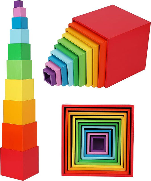 TOWO Wooden Stacking Boxes, Rainbow Nesting Sorting Cups for Toddlers | Rainbow wooden stacking cubes support color sorting, nesting and early learning; Montessori toy for toddlers age 2+