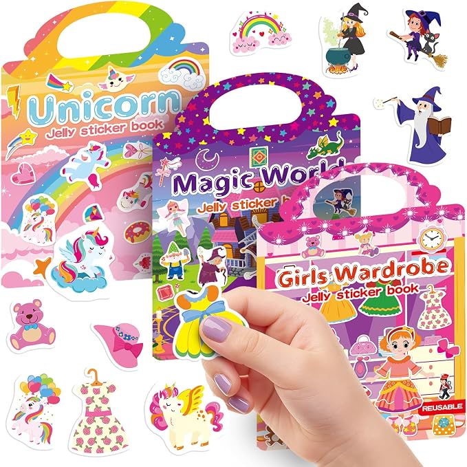 3 Sets Reusable Sticker Book for Toddlers 3-6, Jelly Sticker Books for Toddler, Travel Sticker Activity Toys for Kids 3 4 5 6 Years Old Girls & Boys (Unicorn+Magic+Wardrobe)