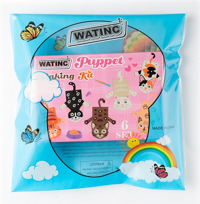 WATINC Hand Puppet Making Kit, Felt Sock Puppet Toys for Kids (Cat B) | 6 Styles, Make Your Own Storytelling & Role Play Crafts, Creative Group Activity, Party Favors & Gifts for Kids Ages 4-8
