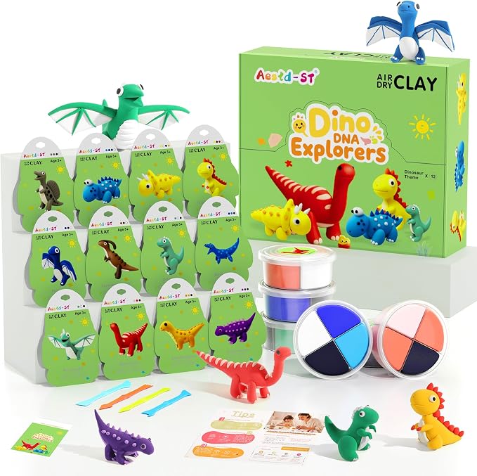 Aestd-ST Air Dry Clay Kit - Dinosaur Theme, Modeling Clay for Kids | DIY Magic Clay with Sculpting Tools and Tutorials, 12 Boxes Molding Clays, Soft & Non-Sticky, Arts and Crafts Gift for Kids