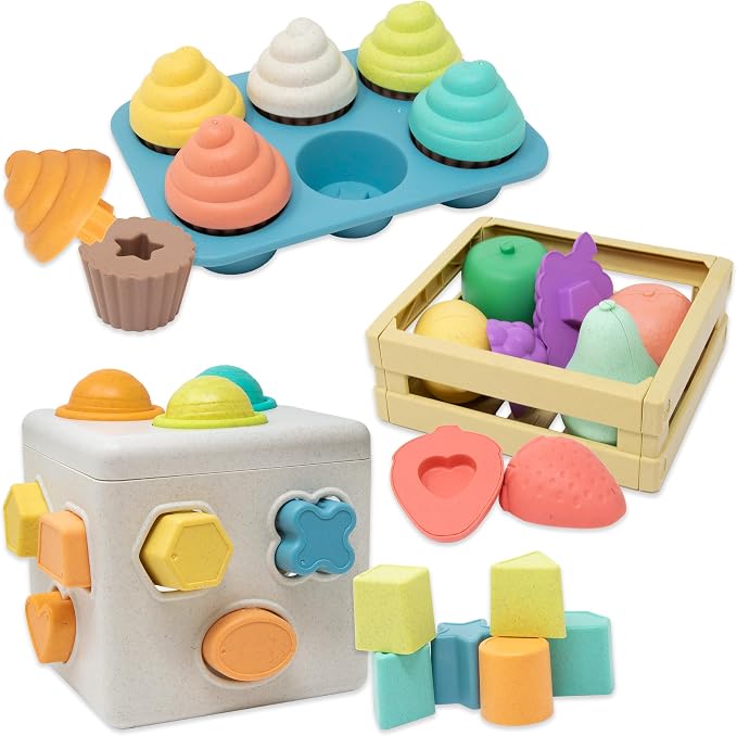 Shape Sorter Color Matching Montessori Toys for Babies & Toddlers, Set of 3 | Baby Shape Sorting Cube, Color Matching Fruit & Cupcake Toy, 18 Months+ Learning Toys, 2025 Model, Eco-Friendly Wheat Straw