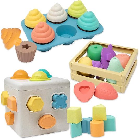 Shape Sorter Color Matching Montessori Toys for Babies & Toddlers, Set of 3 | Baby Shape Sorting Cube, Color Matching Fruit & Cupcake Toy, 18 Months+ Learning Toys, 2025 Model, Eco-Friendly Wheat Straw