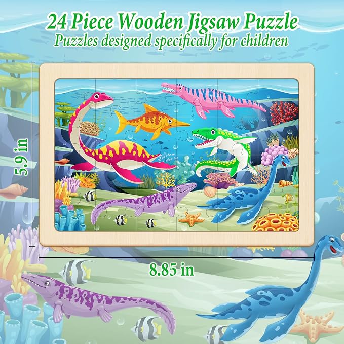Wooden Puzzles for Kids Ages 4-6, 4 Pack 24 Pcs Toddler Puzzles Set for Ages 3-5, Educational Toys Gift for Boys Girls 3 4 5 6 7 8 (Dinosaur Land, Volcano, Sea & Forest Dino Worlds)
