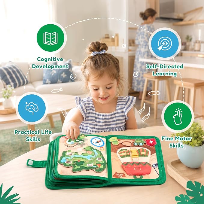 JoyCat Jungle Busy Board for Toddlers 2-4, 25 in 1 Busy Book | support fine motor practice, counting, matching, problem solving, pretend play, and screen-free fun at home or on the go