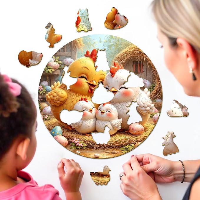 Animal Wooden Puzzles for Kids Ages 6-8 - Chicken Family | 50 Piece Puzzles for Kids Ages 6-8, Kids Puzzle with Unique Shapes, Round Puzzles for Girls and Boys (11.4 * 11.4 in)