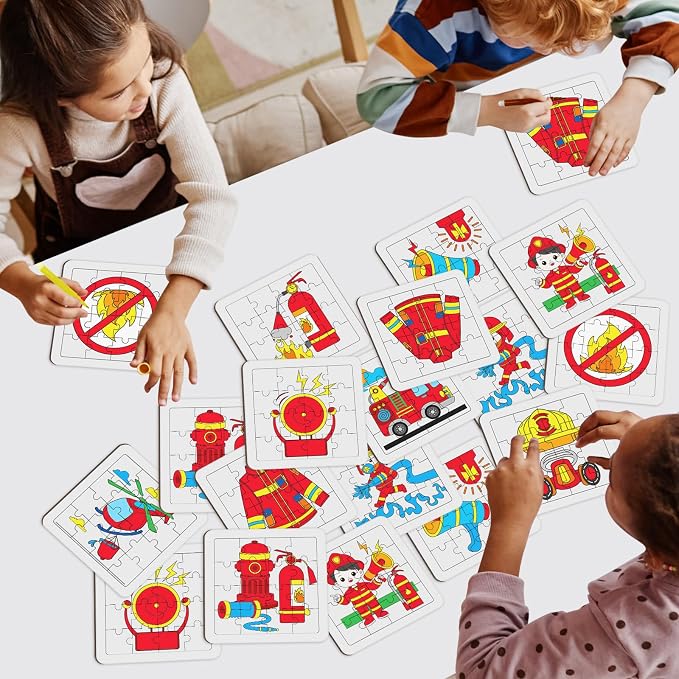 Cinrobiye 24 Pcs Firefighter Coloring Jigsaw Craft Kit for Kids, DIY Rescue Vehicle Activity Set Bulk with 12 Designs, Fire Truck Birthday Party Favors, Classroom Safety Projects
