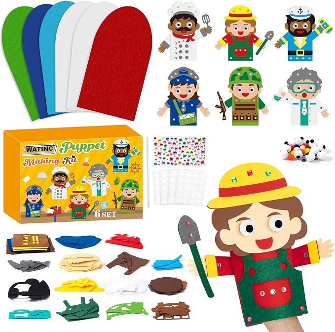 WATINC Hand Puppet Making Kit, Felt Sock Puppet Toys for Kids (Career B) | 6 Styles, Make Your Own Storytelling & Role Play Crafts, Creative Group Activity, Party Favors & Gifts for Kids Ages 4-8