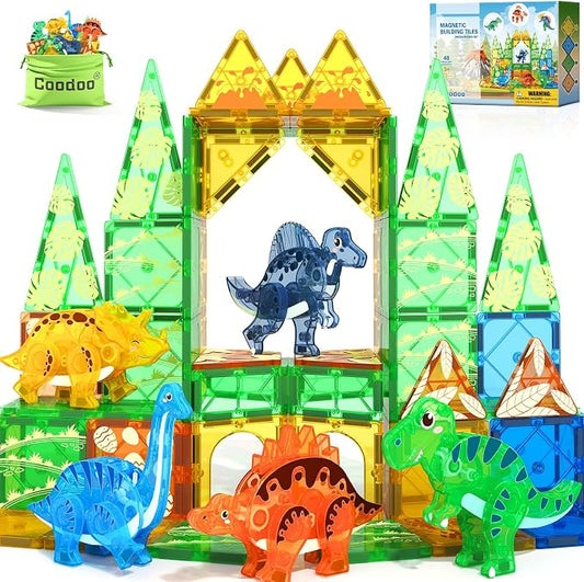 Dinosaur Toys Magnetic Tiles 3D Movable Dinos for Kids 3-5 5-7 Toddler Toy | Outdoor Sensory Toys with 5 Popular Dynamic Dinosaurs, STEM Educational Magnetic Blocks for 3+ Years Old Girls Kids Boys Toys