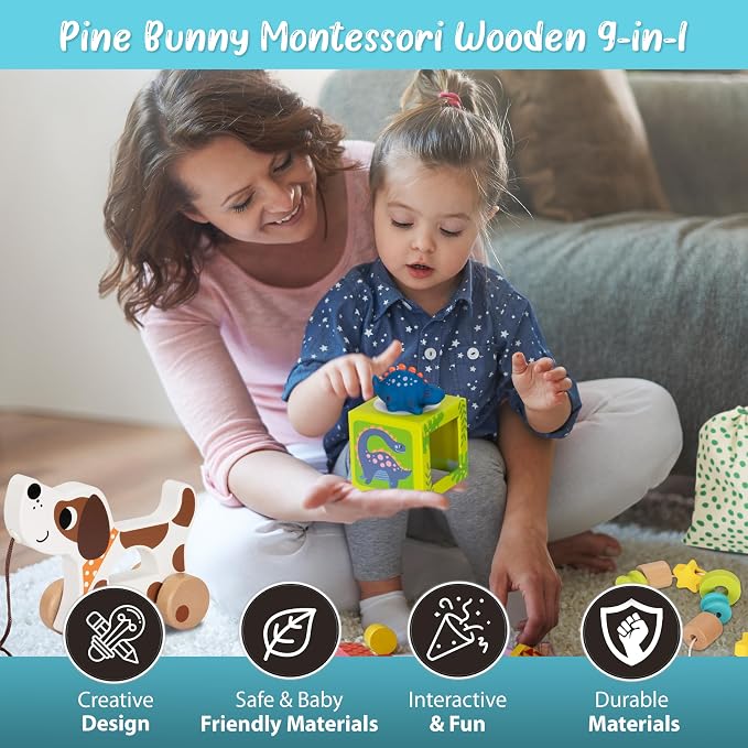 Pine Bunny Montessori Wooden 11-in-1 Toy Set for 16+ Months, Lacing Beads, Wooden Marble Run, Dinosaur Nesting Boxes, Butterfly Puzzle Pull Along Dog Educational Learning Counting STEM Fine Motor Toys