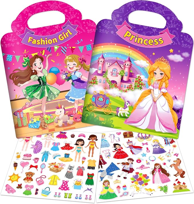 Reusable Sticker Books for Toddlers 1-3 Girls, 2 Pack Jelly Sticker Book with Princess and Fashion Girl, Dress Up Sticker Activity Travel Toys for Girls 2-4, Birthday Gifts Holiday Stocking Stuffers