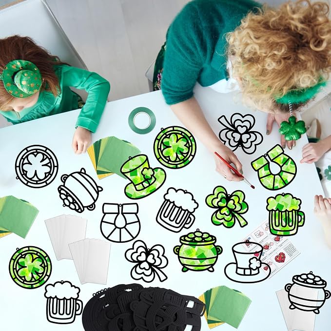 Qyeahkj 36 Set St. Patrick's Day Suncatchers Crafts for DIY Shamrock Window Tissue Paper Craft Kit Hanging Decor for St. Patrick's Day Home Activity Art Project Birthday Party Favor