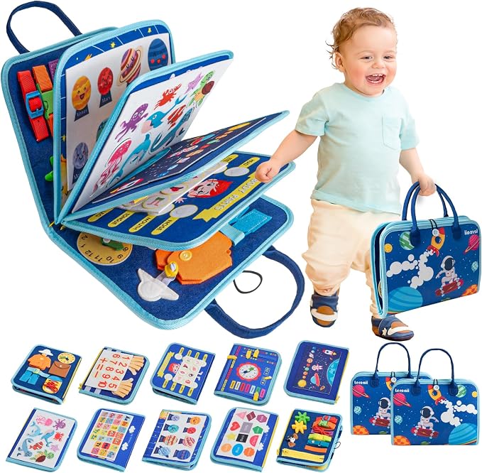 Montessori Busy Board & Busy Book for Toddlers, 25+ Learning Activities Sensory Toy, Fine Motor Skills Educational Activity Book, Quiet Travel Toy for Airplane & Car, Birthday Gift for Boys Girls