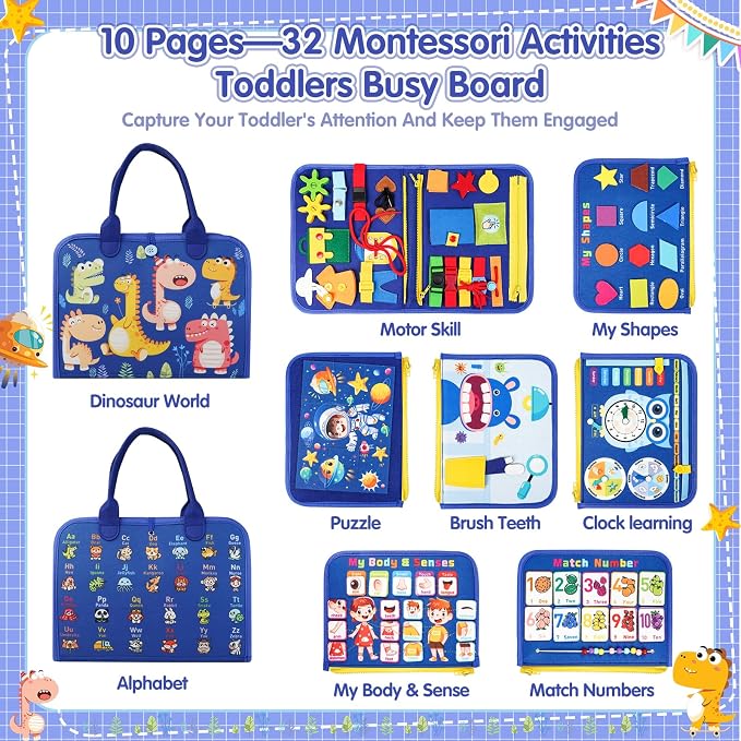 Montessori Busy Board Boy, Toddler Toys for 3-6 Years Old Boy, Toddler Busy Book Educational Learning Sensory Activity Toys for Road Airplane Travel for Kids with Autism