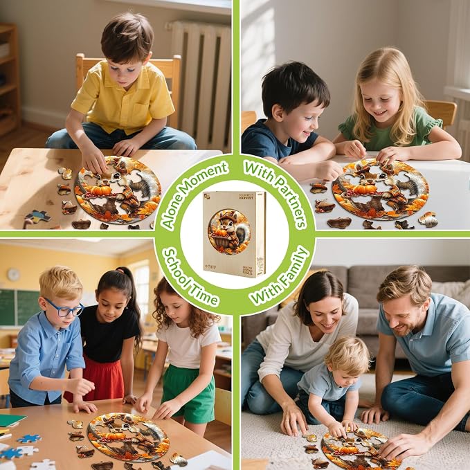 Fall Wooden Puzzles for Kids - Squirrel Harvest | 50 Piece Puzzles for Kids Ages 4-6 - Kids Puzzle with Unique Animal Shapes - Round Puzzles for Boys and Girls (11.4 * 11.4in)