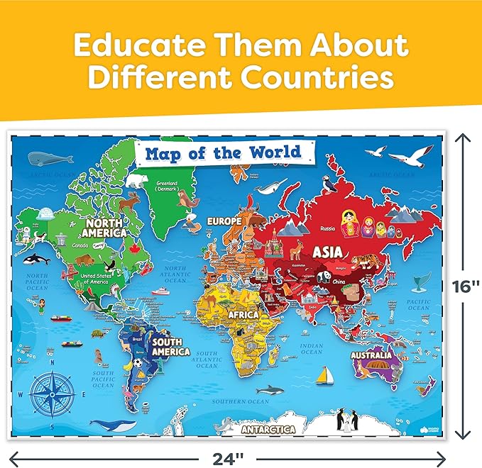 United States and World Map For Kids Classroom Posters 2pc Set - 24” x 16” Waterproof US and World Map for Classroom Decor Posters - Teacher Classroom Must Haves - Homeschool Back to School Supplies