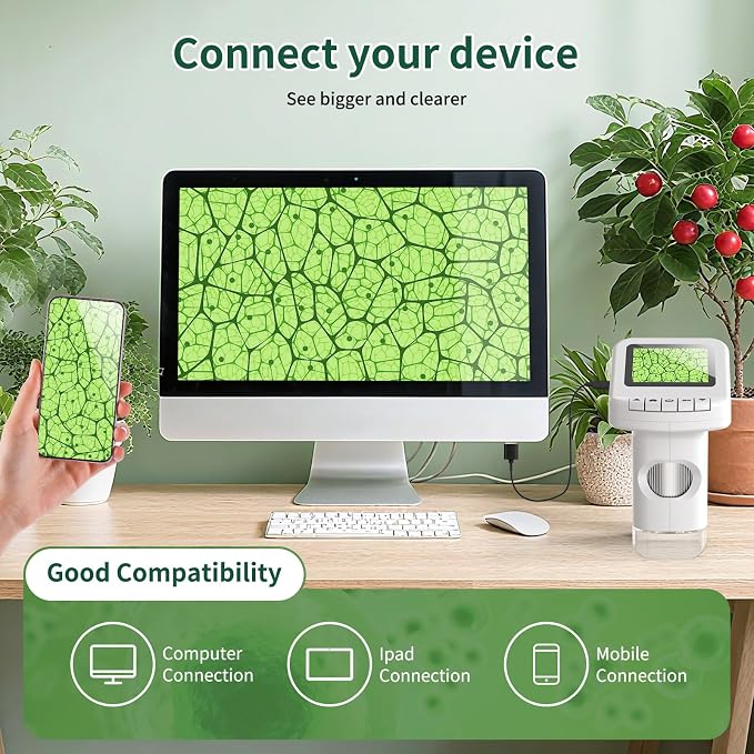 1200X Handheld Portable Microscope for Kids Digital Scope 2.0" Screen Rechargeable STEM Toy Slide Kit Pocket Science Gift for Children Ages 6-12 Students (White)