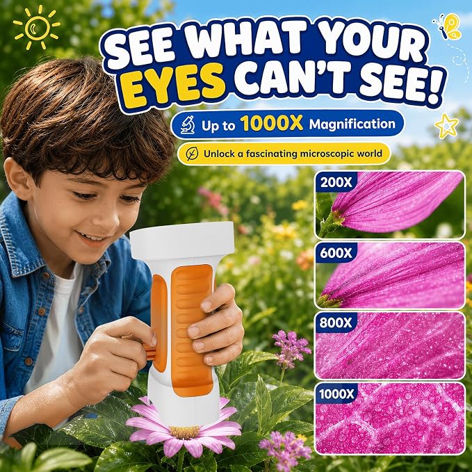 1000X Handheld Digital Microscope for Kids: Explorer 1080P Magnifying Glass | 2.4” IPS Portable Electronic STEM Outdoor Montessori Learning Toy, Birthday Gifts for 4 5 6 7 8-12 Year Old Boys Girls