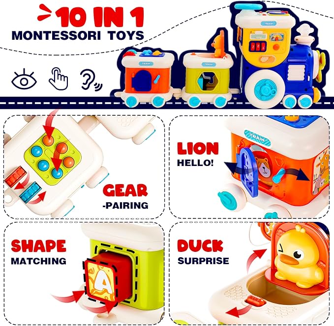 Montessori Educational Toys,busy cube train 10 in 1 baby toys for 12+ month | Toddler Developmental Toy with Lights and Sounds, Activity Cube Train Toy, Birthday Gift for 1 2 3 Years Old Boys Girls