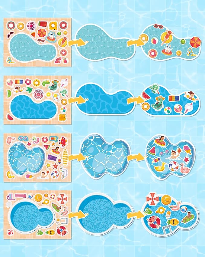 Aowplc 32 Sheets Make‑a‑Pool Stickers for Kids – Mix & Match Craft Kit – Summer Party Favors & Activities