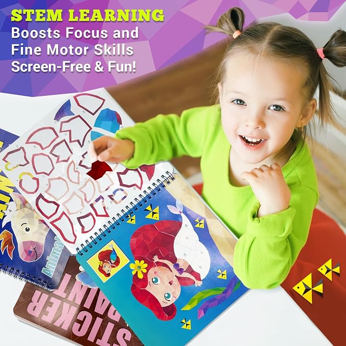 Elite Panda Sticker by Number Books for Kids Ages 4-8, 3-Pack, Mermaid Dino | 30 Sticker Pictures. Paint with Stickers Activity for Girls & Boys. Travel Toys, Car Rides & Quiet Time. Birthday Gift