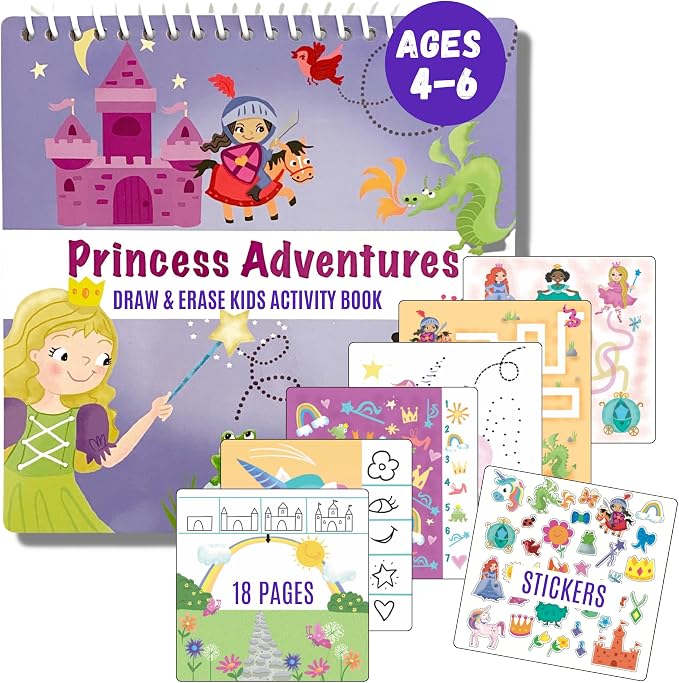Totebook Dry Erase Activity Book for Kids - 18 Erasable Learning Games with Reusable Stickers, Travel Activities for Ages 4-6, Fits Case (Princess Theme)