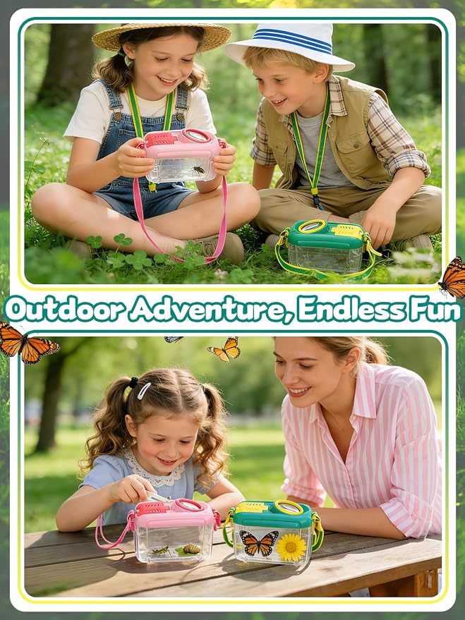 2 Sets Bug Catcher for Kids, Bug Catching Kit Gifts with Butterfly Net Toys | Built-in Magnifying Glass Bugs Box, Kids Camping Toys Bugs Collection Outdoor Explorer Kit for Age 3 4 5 6 7 8, Pink & Blue