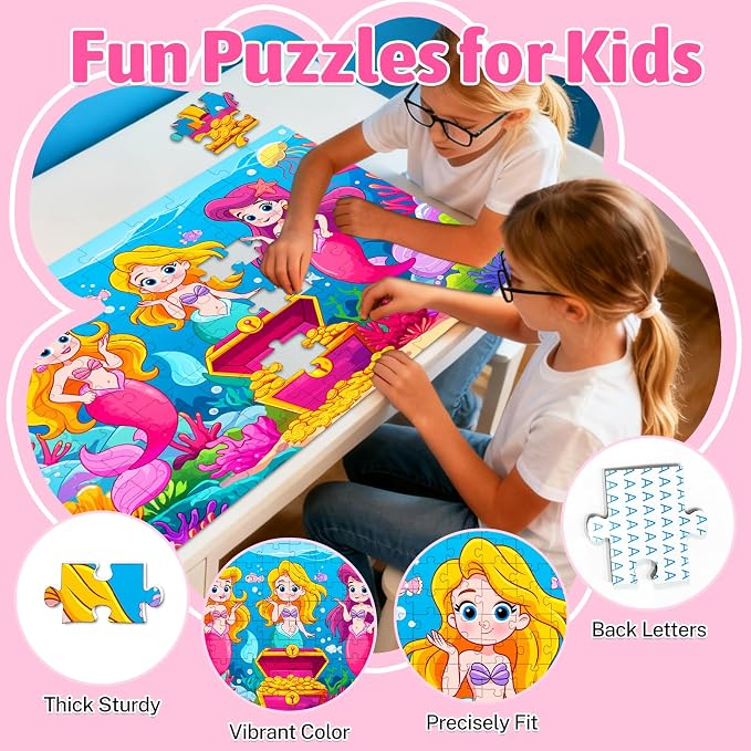 100 Piece Puzzles for Kids Ages 4-6 6-8 8-10, 4-Pack Princess Fairy Mermaid Unicorn Jigsaw Puzzles 100 Pieces Kids Puzzles Ages 3-5 4-6 5-8, Learning Toys Educational Gifts for Girls Boys 15x10 in