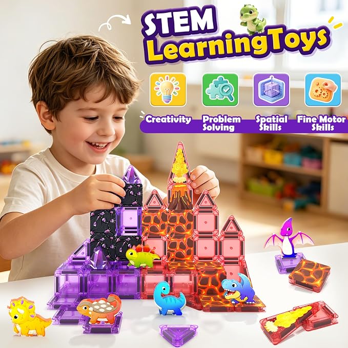 Mini Magnetic Tiles Kids Dinosaur Toys, Magnetic Blocks with 6 Dinosaurs | Road Trip Essentials for Car & Airplane Magnet Tiles STEM Construction Building Toys, Gifts & Toys for Boys Girls Ages 3-12
