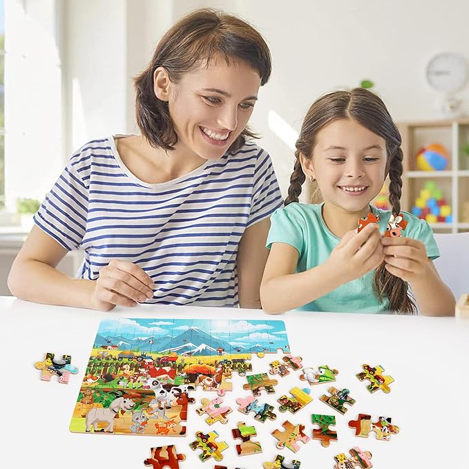 LELEMON Puzzles for Kids Ages 4-8 6-8 8-10 Farm Animals Jigsaw Puzzles Boys Girls Children Learning Educational Puzzles Portable Box Pack Toy 60 Pieces