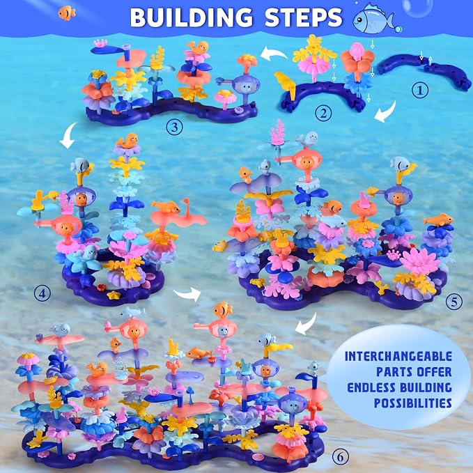 Doloowee 156Pcs Marine Coral Flower Garden Building Toys for Girls Age 3-8 | 156pcs BPA-free marine coral & ower garden building toys in a storage box. Screen-free STEM gift for girls ages 3-8.
