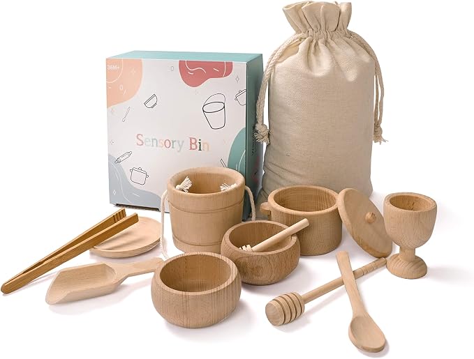 Montessori Sensory Bin Toys for Toddlers, 11pcs Wooden Toys | Waldorf Toys - Wooden Scoops and Tongs for Transfer Work and Fine Motor Skills Development