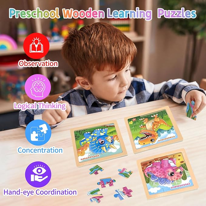 Wooden Dinosaur Puzzles for Toddlers, 8 Pack 9 PCS Jigsaw Puzzles for Kids | Wooden Puzzles for Toddlers 3-5, Dinosaur Toys for Kids 3-5, Preschool Puzzles Learning Educational Sets Toys