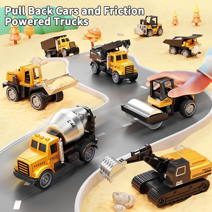 HONGTUO Alloy Mini Construction Vehicles, 8Pcs Die-cast Construction Toys | Excavators Mixer Truck Bulldozers Forklift Dump Truck, Pull Back Car, Construction Trucks Toys for Toddlers Kids Boys & Girls