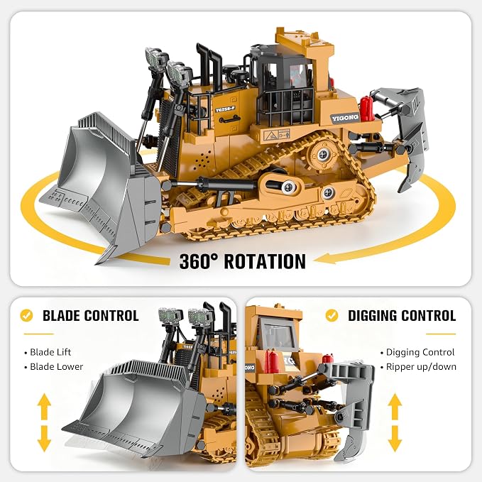 KidsFaves RC Bulldozer with Alloy Blade,Remote Control Construction Toy | 360° Rotating,9-Channel Remote Control Bulldozer Toy with Lights & Sounds for Kids