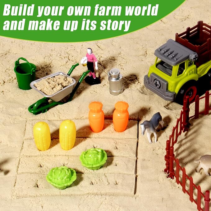 Aliex Farm Sensory Bin, Sensory Kits with Play Sand for Toddlers Ages 3-8 | 31pcs Farm toys with 2.2lbs moldable magic sand, animals trucks for creative play, sandbox with lid, birthday gift for boys