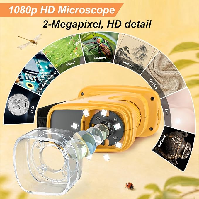 Kids Microscope,1000X HD Digital Handheld Mini Microscope 2.4" IPS Screen | Microscope for Kids, Mini Pocket Microscope for Children Birthday Gift, Science Education Fun for Boys Girls Ages 4-12 Yellow