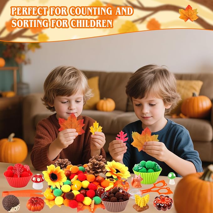 Fall Sensory Bin Fillers-327Pcs Fall Thankgiving Fine Motor Items with Pom Poms Pumpkins Maple Leaves Squirrels Cup for Counting Sorting Training