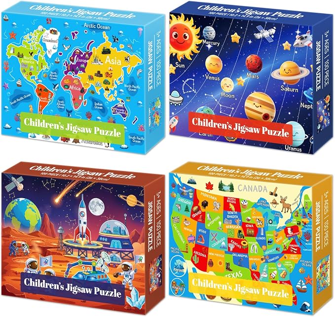 4 Packs 100 Piece Puzzles for Kids Ages 4-6 6-8 8-10, USA World Map Kids Puzzles Ages 3-5 4-6 5-8, Solar System Mars Adventure 100 Piece Puzzle for Adults Seniors, Educational Jigsaw Puzzles 15"x10"