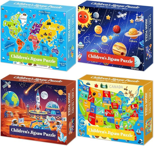 4 Packs 100 Piece Puzzles for Kids Ages 4-6 6-8 8-10, USA World Map Kids Puzzles Ages 3-5 4-6 5-8, Solar System Mars Adventure 100 Piece Puzzle for Adults Seniors, Educational Jigsaw Puzzles 15"x10"