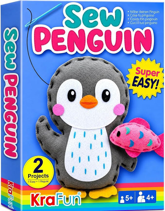 KRAFUN Beginner Sewing Kit, Sew Penguin & Fish, Pre-Cut Felt, Kids Ages 5+ | Beginner Sewing Kit: Sew 2 Plushies, Penguin & Fish. Pre-Cut, Pre-Punched Felt, No Scissors. Safe Plastic Needle for Kids