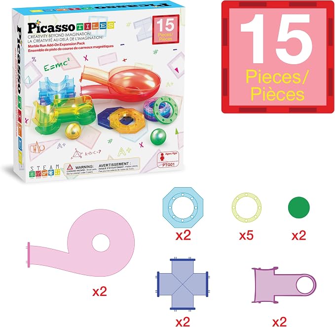 PicassoTiles Magnetic Marble Run Add-On Expansion Pack for Magnet Tile Building Blocks Maze Construction Toy Kit Educational STEM Learning Enhances Creativity Imagination Children Ages 3+ PTG01